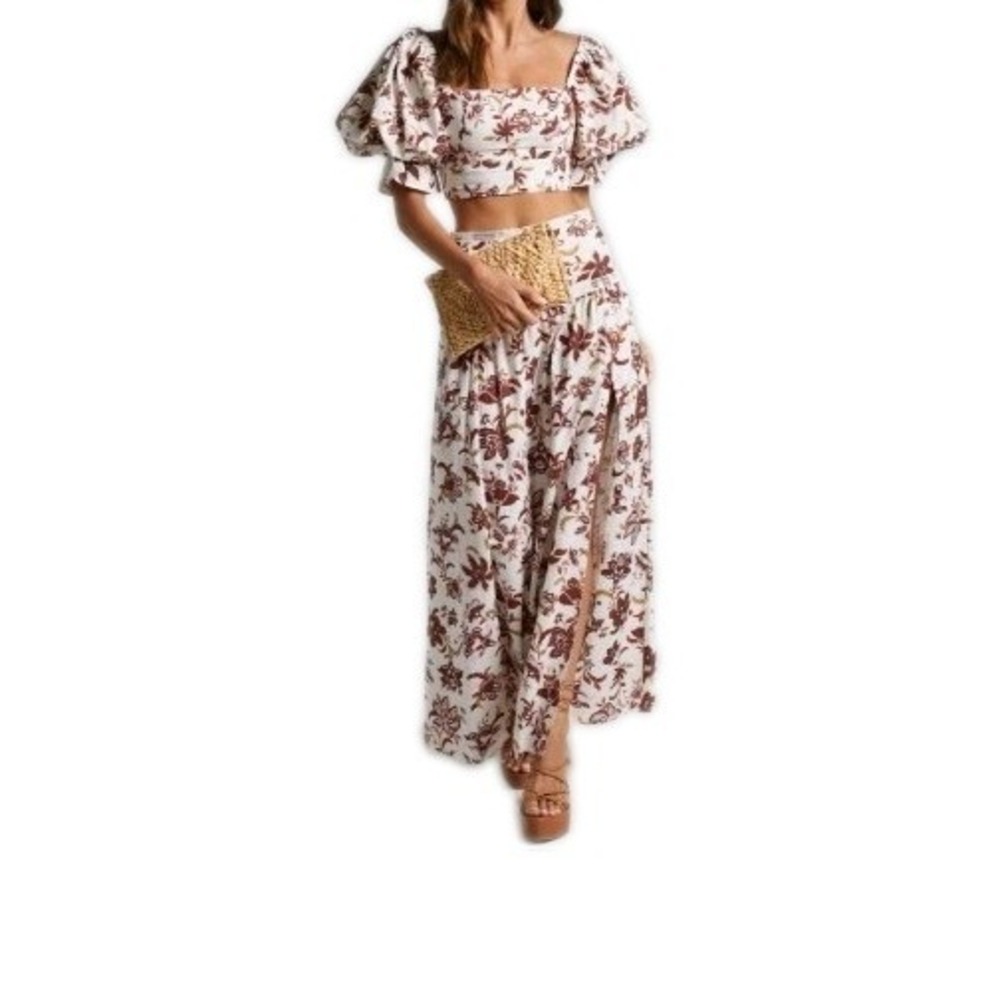 Amalie the label Rosabel Showpo high waisted linen blend MIDI skirt floral US 10